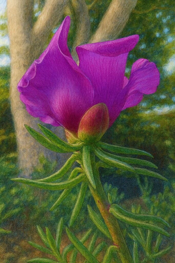 紫のマツバボタンを下から見上げる構図で描いた自然風景イラスト