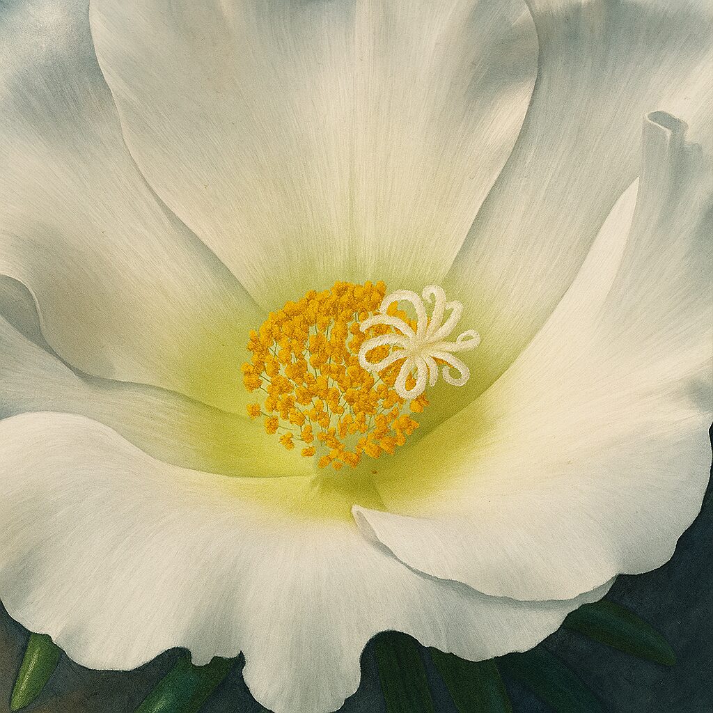 白いマツバボタンの花芯を繊細に描いた接写風イラスト