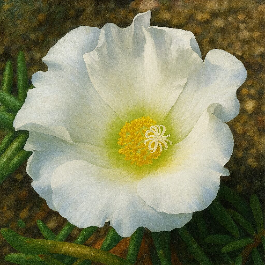 真上から見た白いマツバボタンを丁寧に描いたボタニカルイラスト