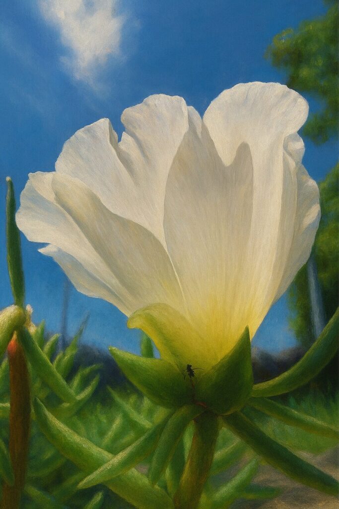 青空と白花のコントラストが美しい下からの視点のイラスト