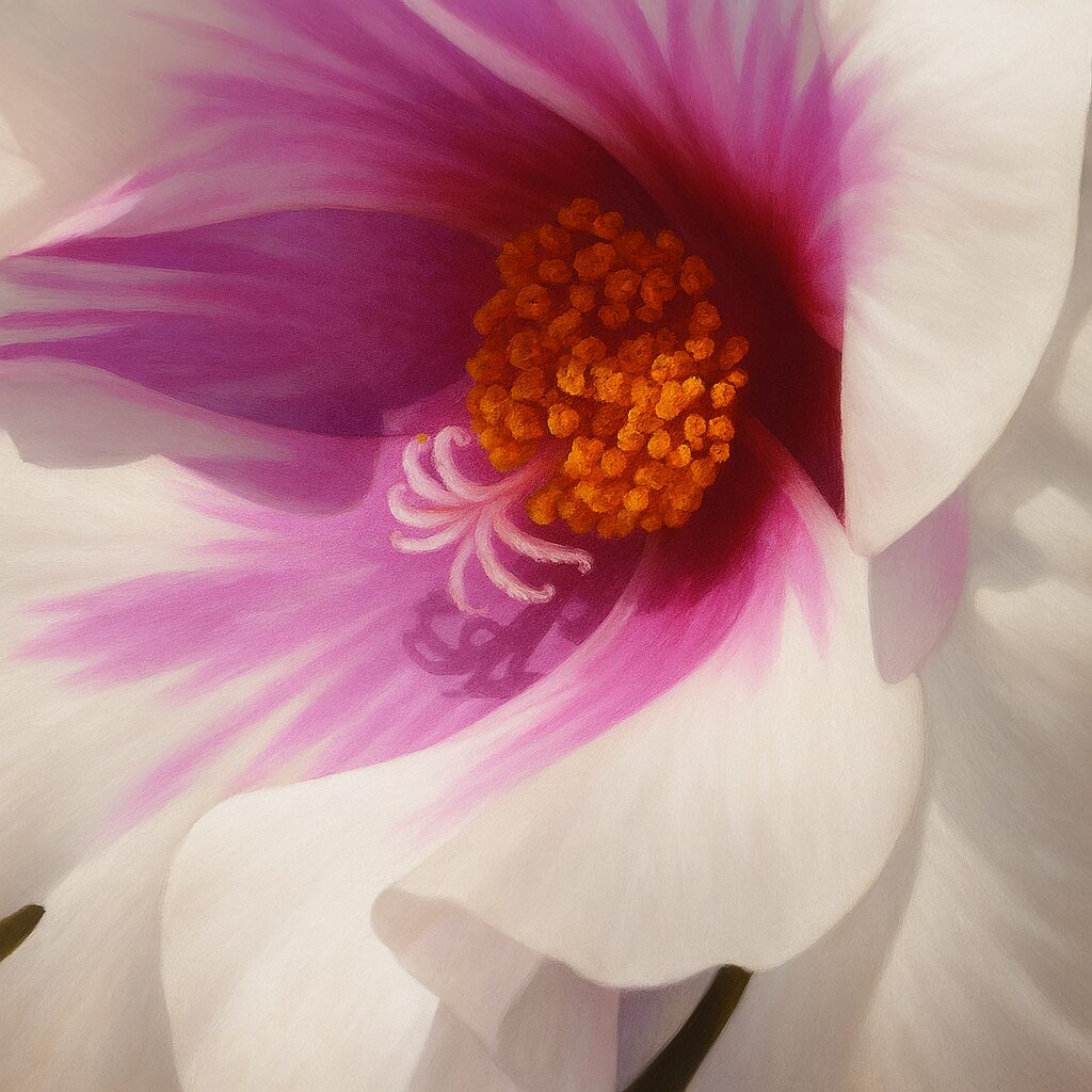 紫の模様が印象的なマツバボタンの花芯を描いたリアル植物画