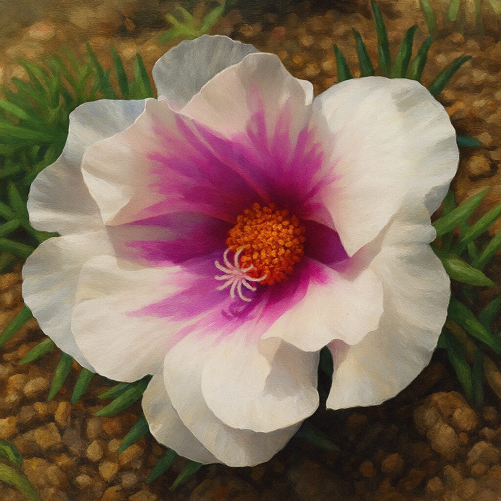 白と紫のマツバボタンを真上から写実的に描いたイラスト