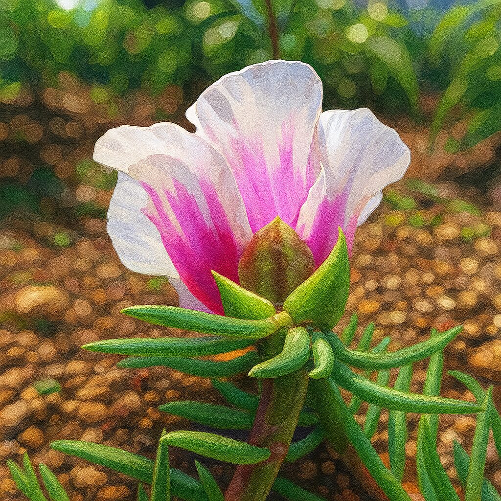 地面から見た白と紫のマツバボタンを描いた自然風景イラスト