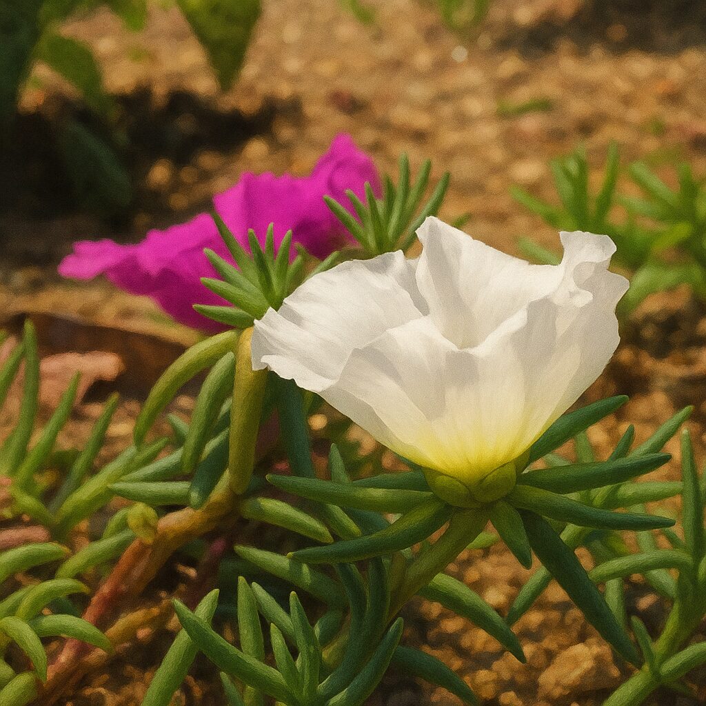 手前に白、奥にピンクの花が咲く情景を描いた構成イラスト