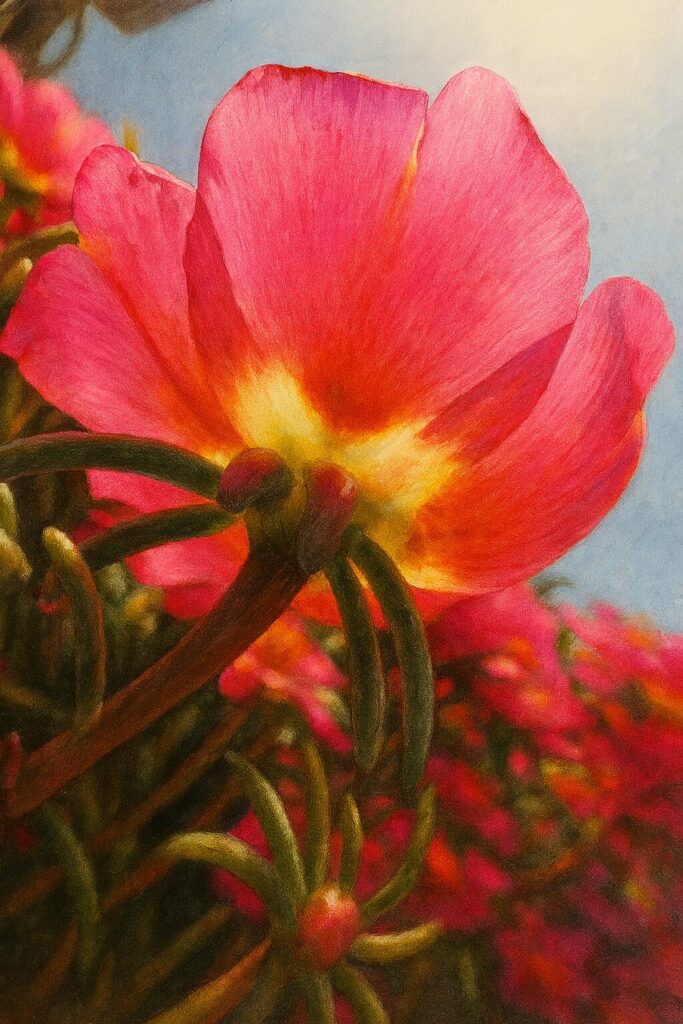 逆光に透けるピンクの花びらが印象的なマツバボタンのイラスト