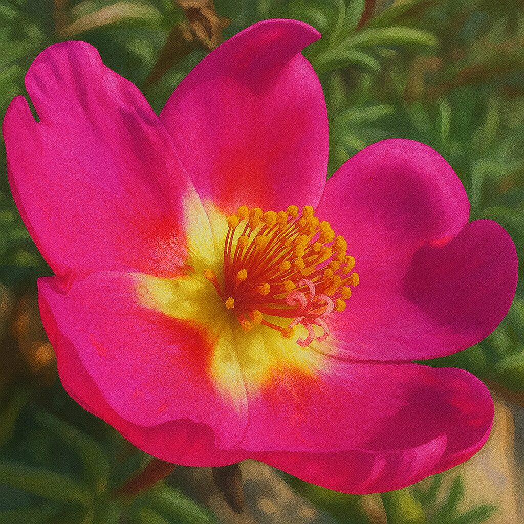 ピンクのマツバボタンを自然光で柔らかく描いたクローズアップイラスト