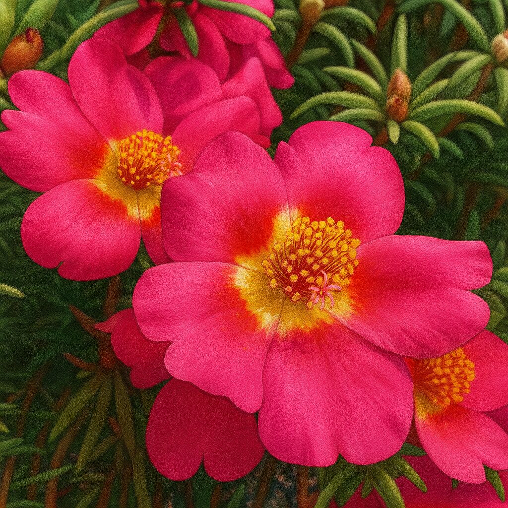 茎先に咲く2輪のマツバボタンを描いた構図重視の植物画