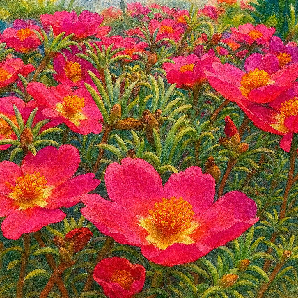 群生するマツバボタンと葉を丁寧に描いたボタニカルイラスト