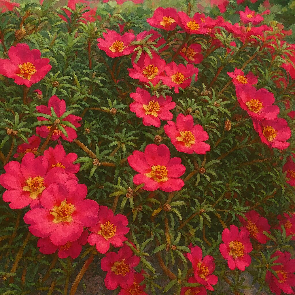 花壇に咲く多くのマツバボタンを俯瞰で描いたナチュラルな画風