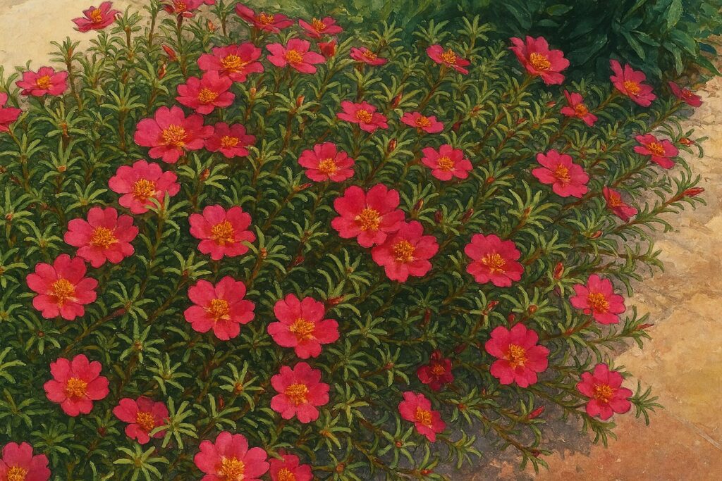 マツバボタンが咲き広がる庭先の風景を再現した広角イラスト