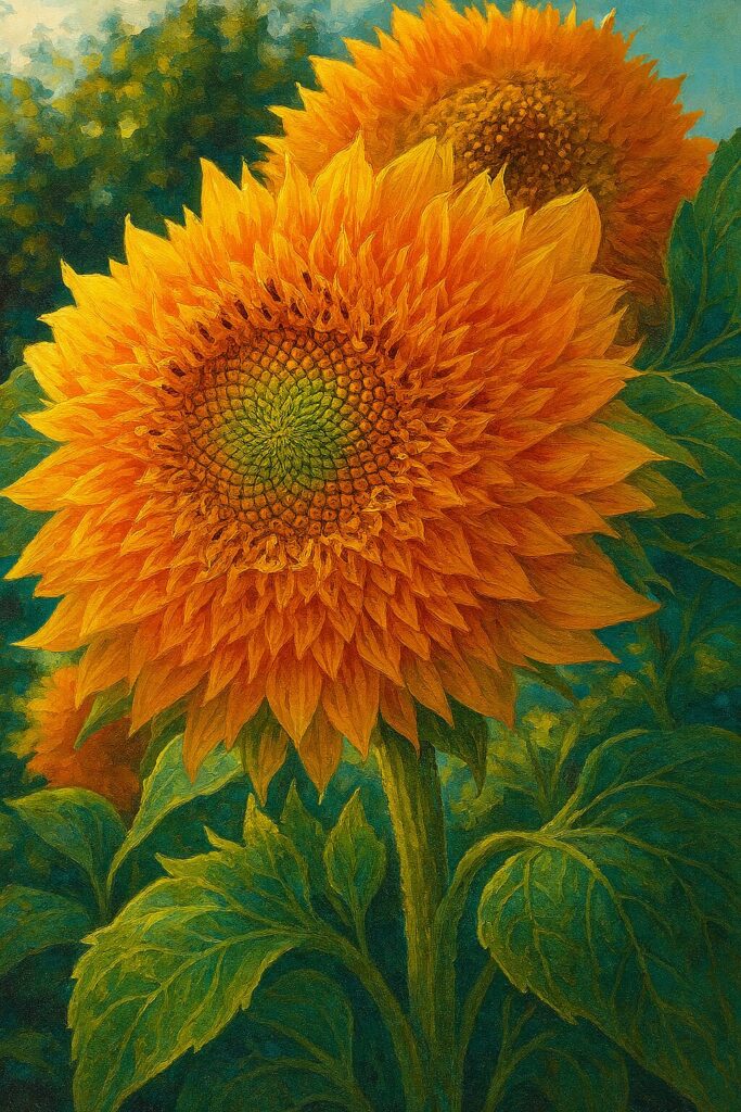 満開の八重咲きミニヒマワリを描いたリアルなイラスト