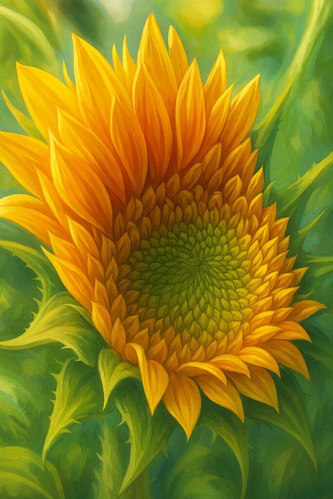 開花前のミニヒマワリのつぼみを繊細に描いたイラスト