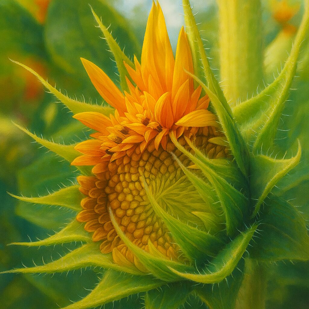 花びらが開き始めたミニヒマワリの横顔イラスト