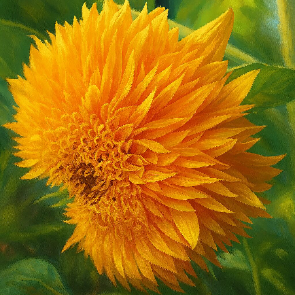 鮮やかな花弁をもつミニヒマワリを斜めから描いたイラスト