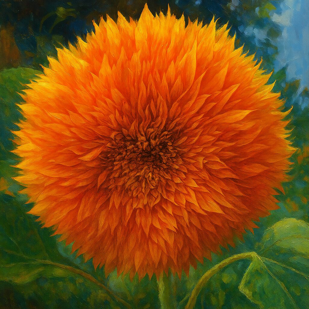 真ん丸に咲いたミニヒマワリの正面を描いたイラスト作品