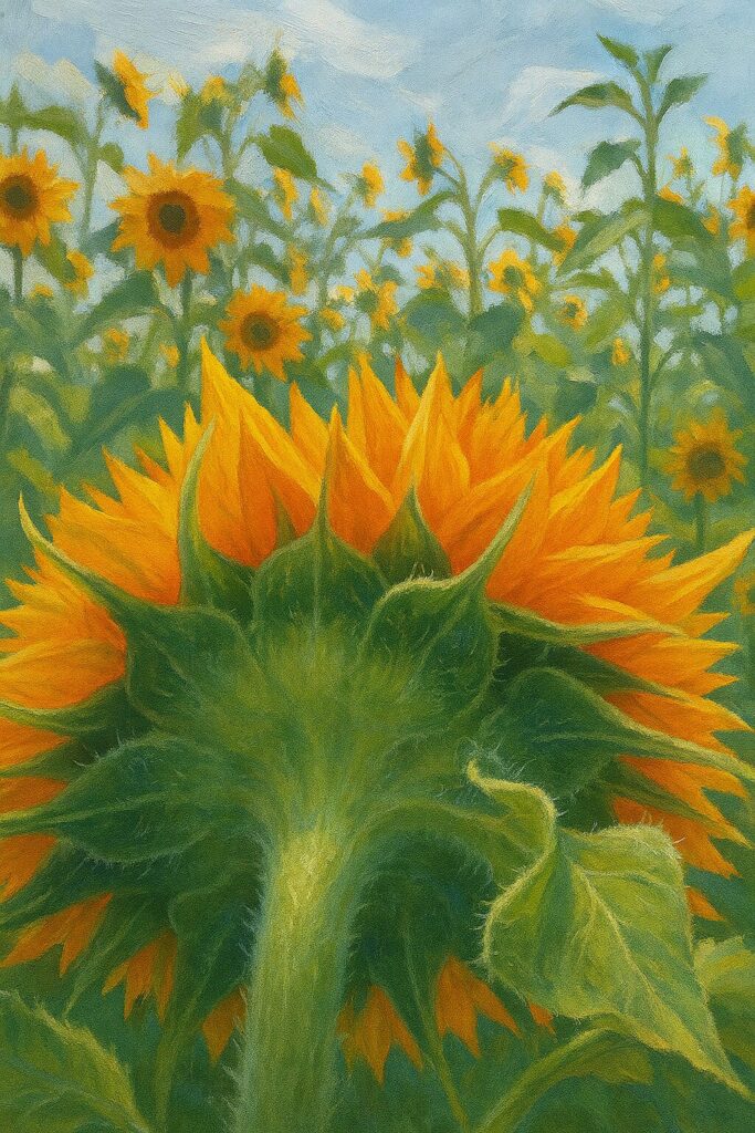 ヒマワリ畑の一部として描かれたミニヒマワリの裏側イラスト