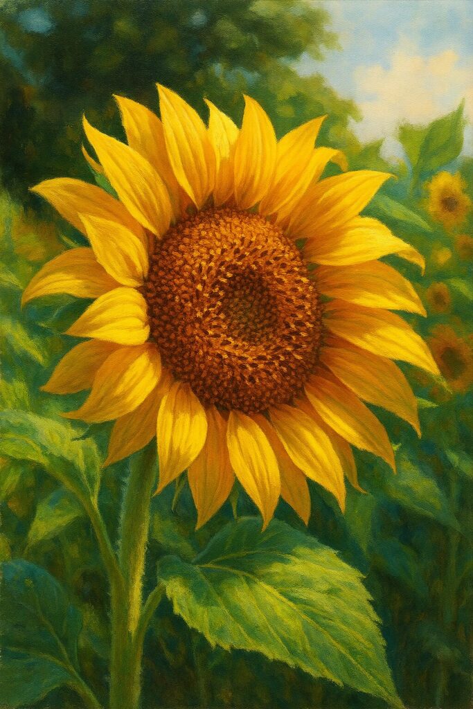 中心と花弁の立体感を表現したミニヒマワリのリアルイラスト