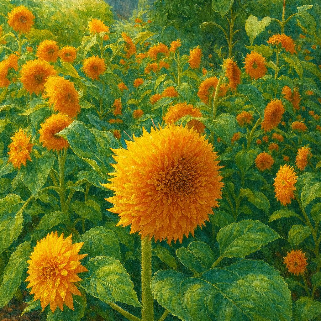 たくさんのミニヒマワリが咲く風景を描いたイラスト