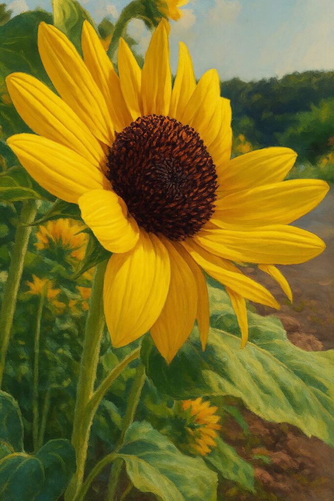 斜め横から見たミニヒマワリを明るい背景と共に描いたイラスト