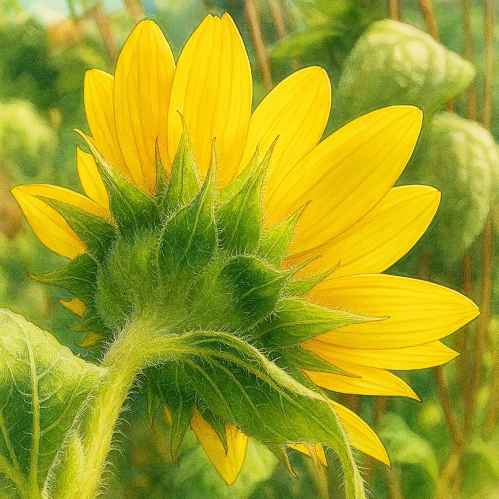 緑のガクと裏側の花びらを詳細に描いたミニヒマワリのイラスト