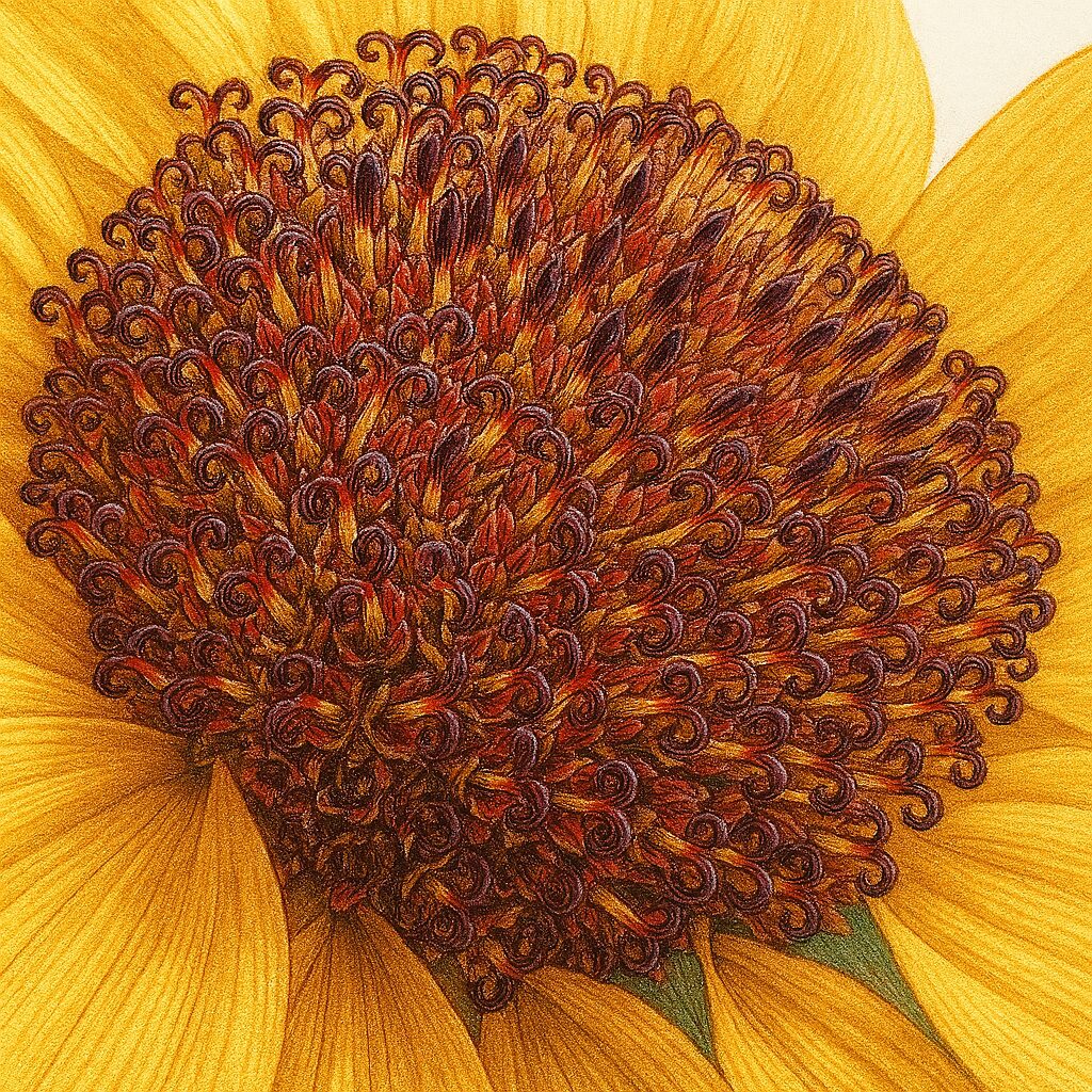 ミニヒマワリの中心部を拡大して描いた繊細なイラスト