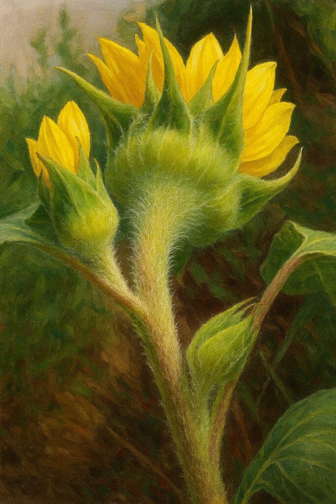 複数のつぼみと開花中のミニヒマワリを描いた植物イラスト