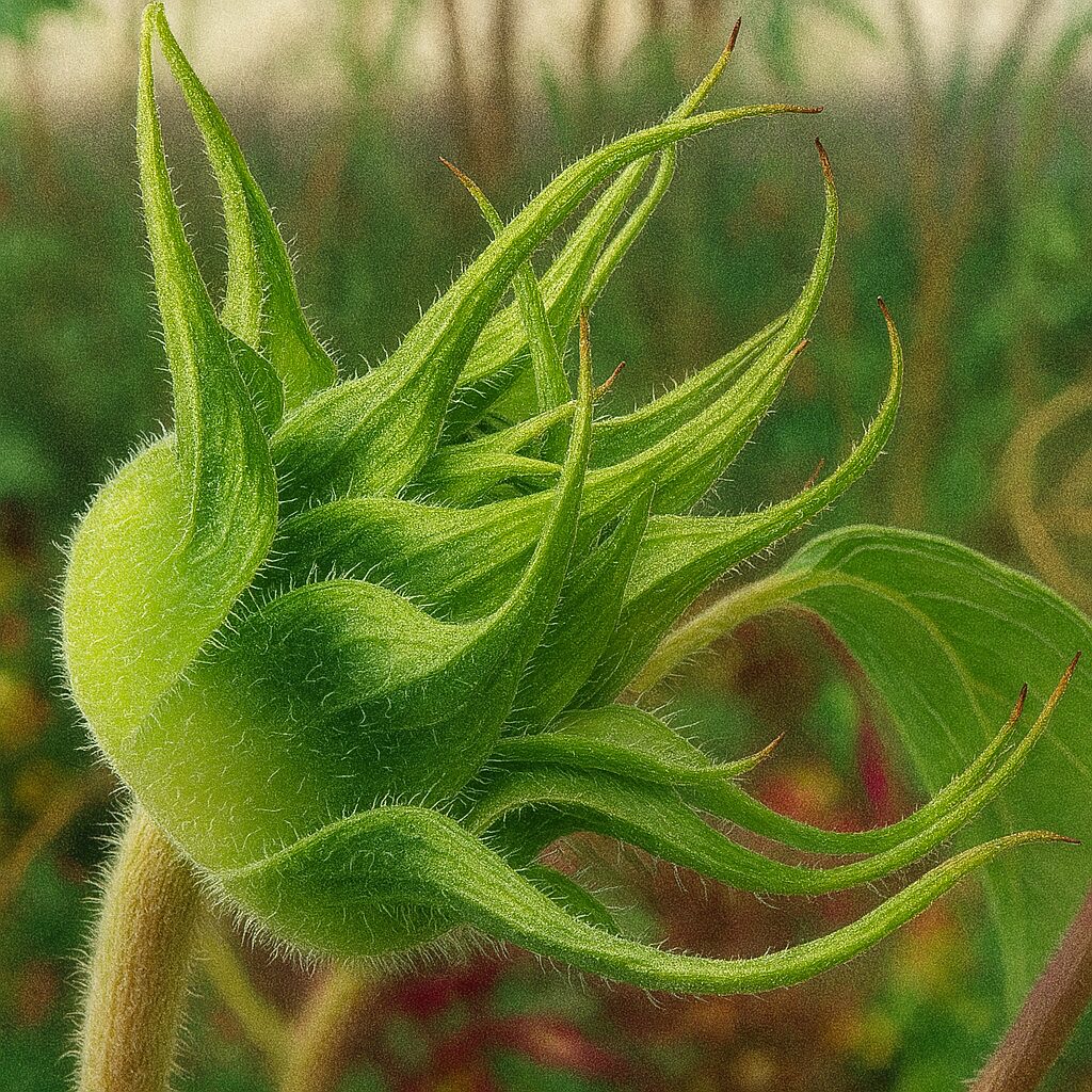 開花直前の毛に覆われたミニヒマワリのつぼみを描いたイラスト