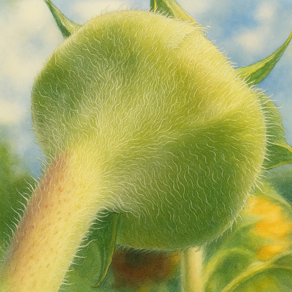 毛の質感を細かく表現したミニヒマワリのつぼみイラスト