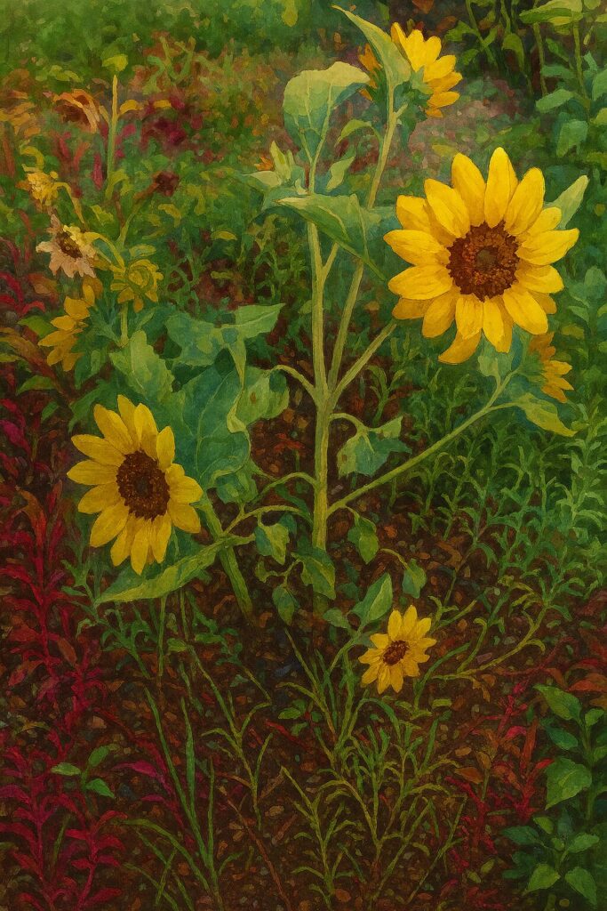 自然の中で咲く複数のミニヒマワリを描いた全体風景イラスト