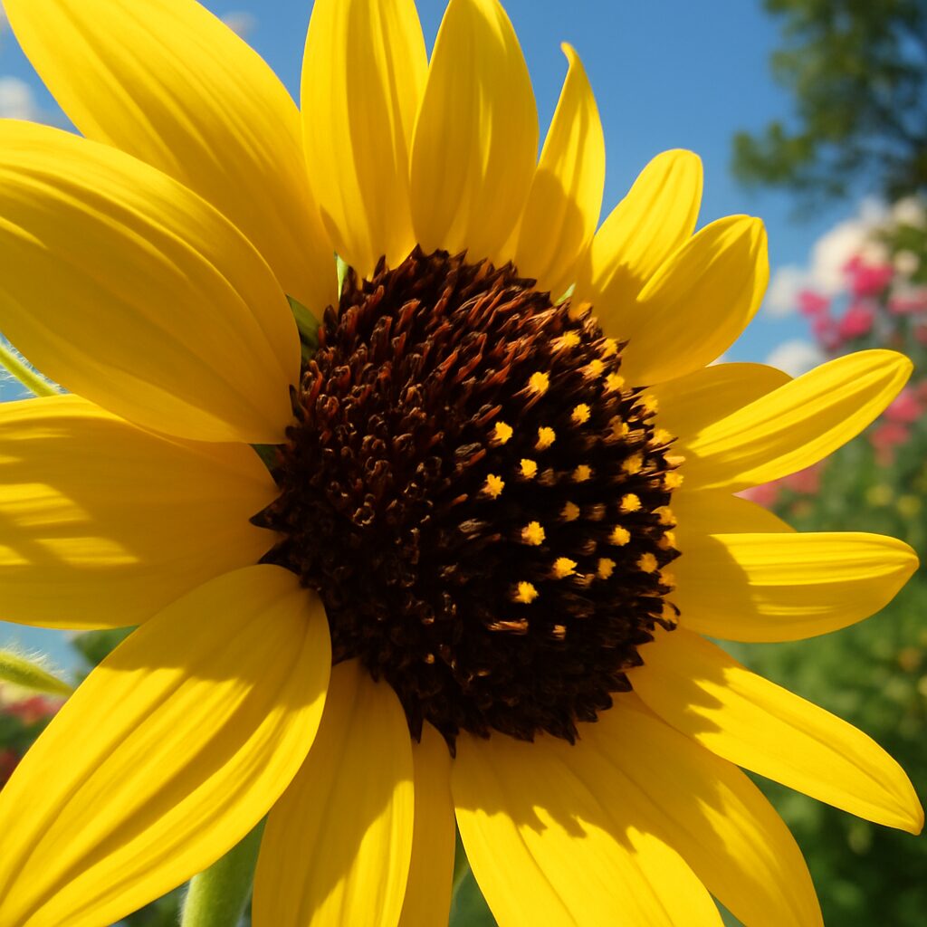 背景に青空と花を入れたミニヒマワリの鮮やかなイラスト