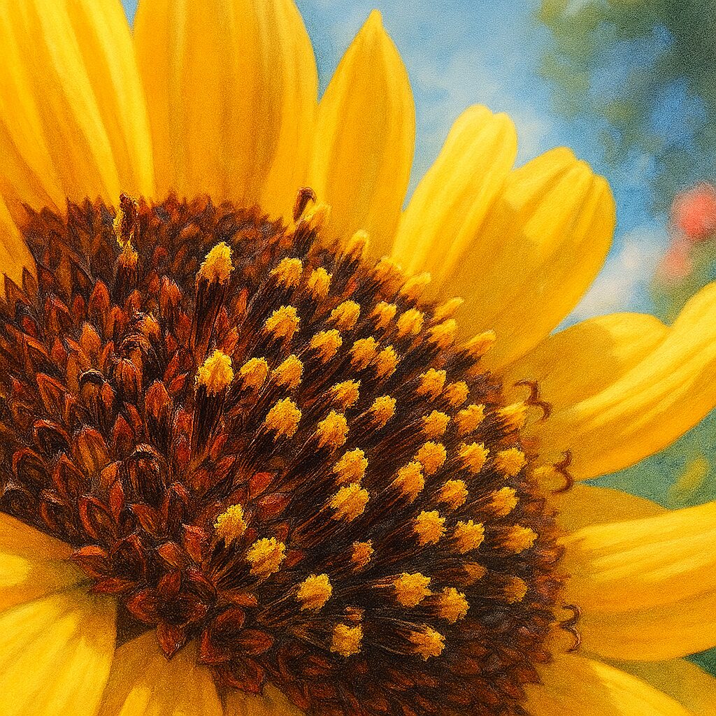 花粉まで丁寧に描き込まれたミニヒマワリの中心部イラスト