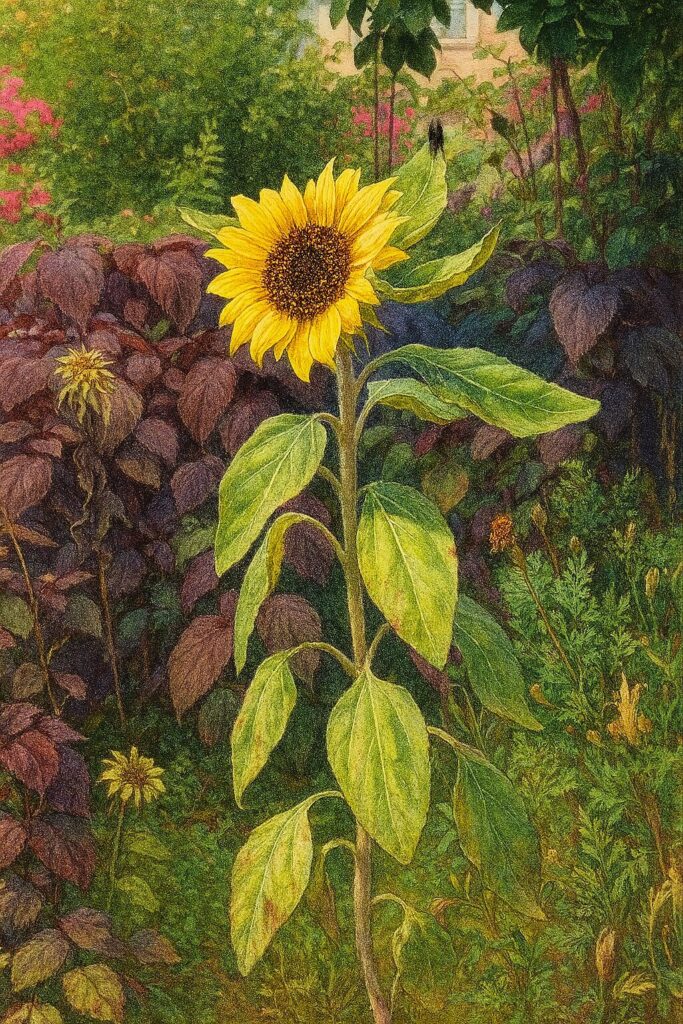 紫の葉を背景に咲くミニヒマワリの全体構図イラスト