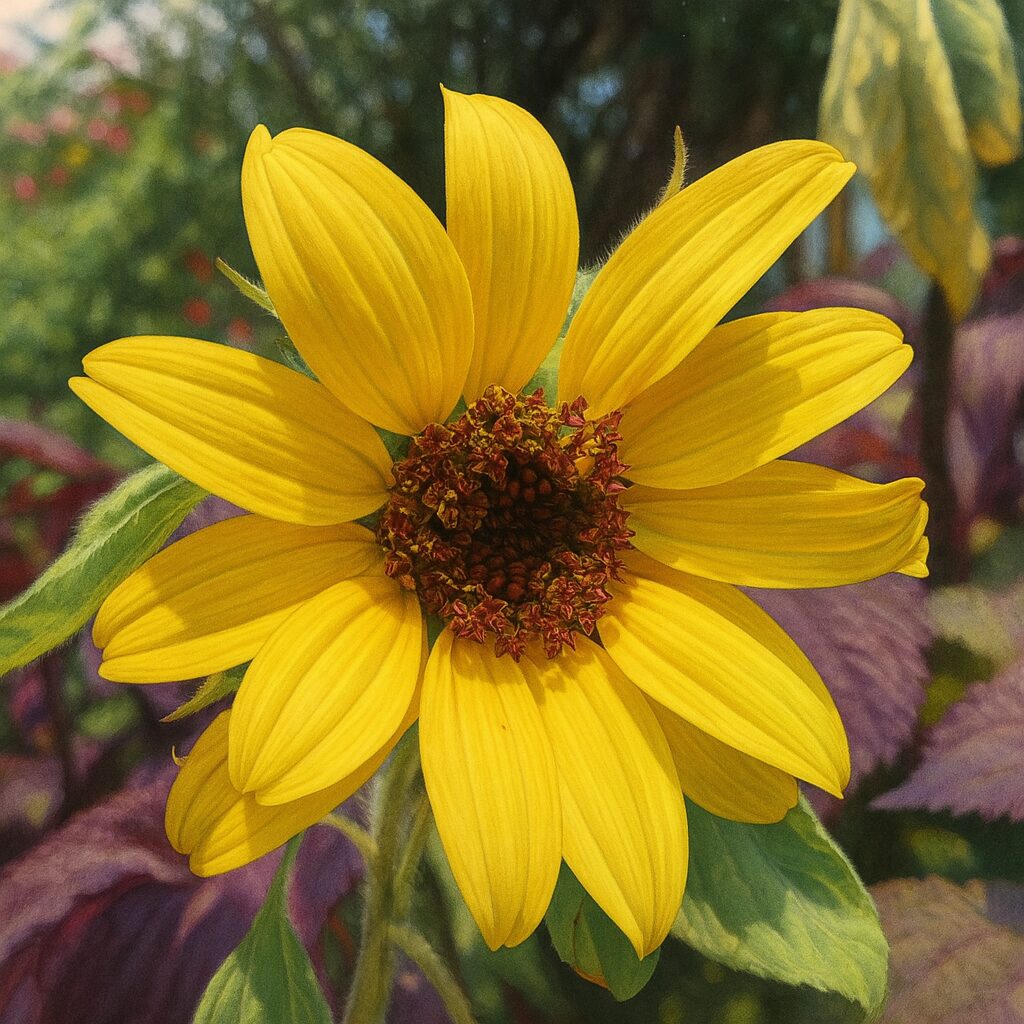 咲き始めの柔らかさを描いたミニヒマワリの正面イラスト