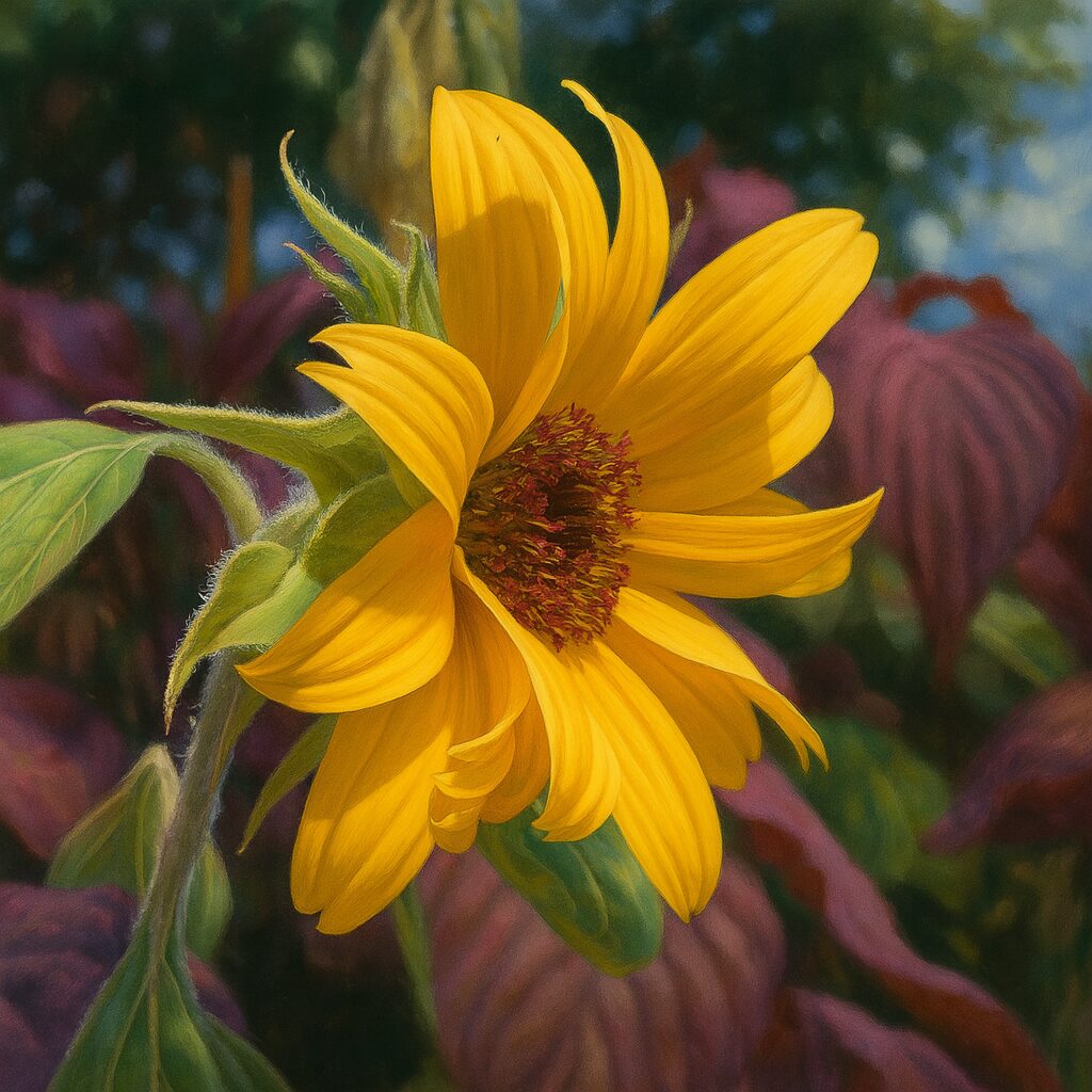 花芯の赤色が際立つ横向きのミニヒマワリのイラスト