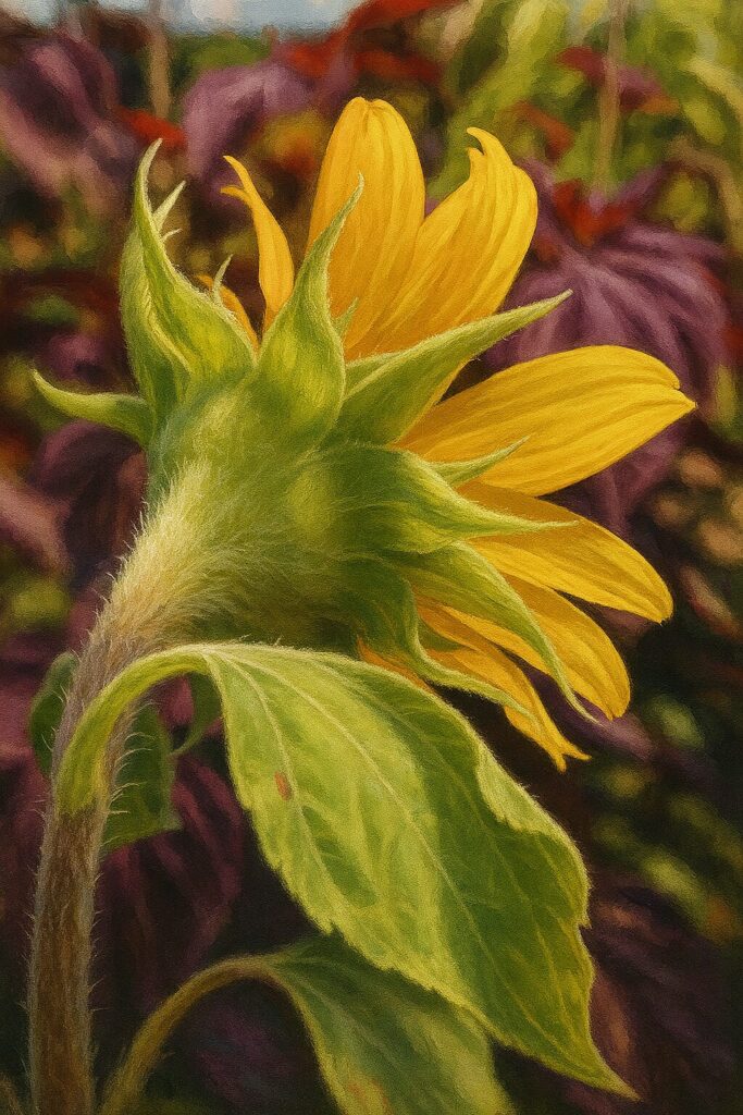 裏側のガクや茎の毛まで細かく描いたミニヒマワリのイラスト