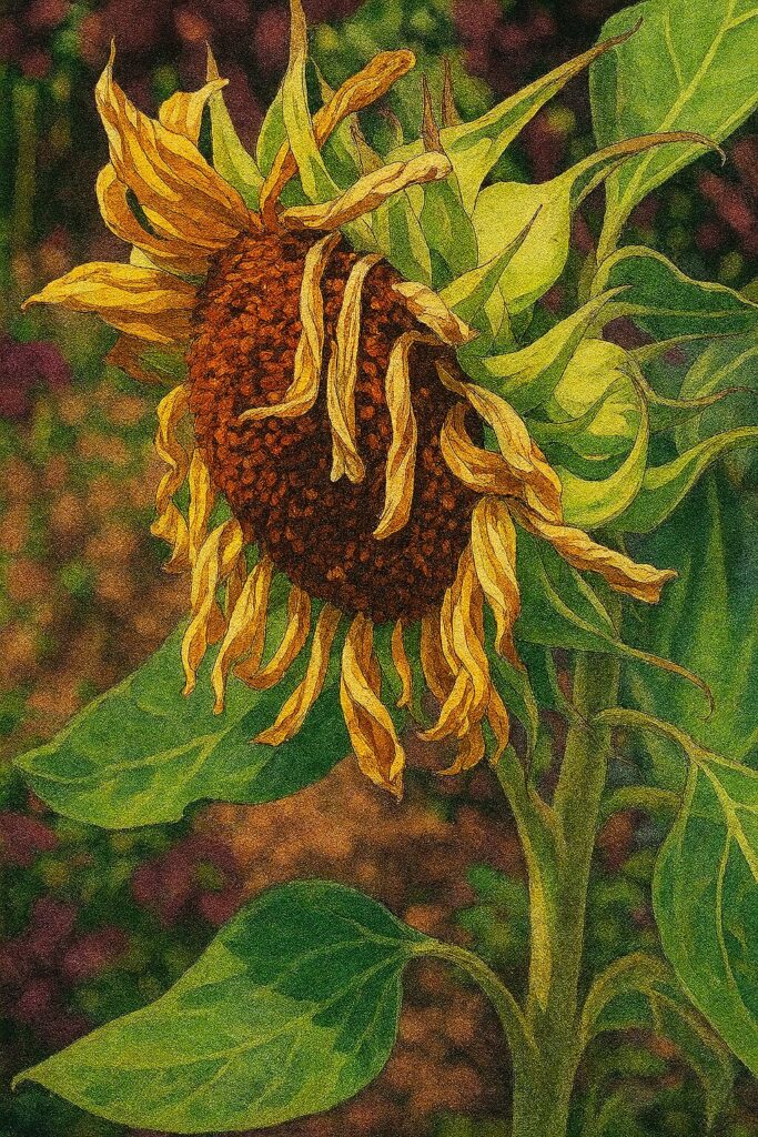 しおれた花びらの質感を描写したミニヒマワリの枯れかけイラスト