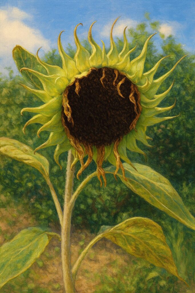 茶色くなった花芯と萼の曲線が目立つ終花期のミニヒマワリのイラスト