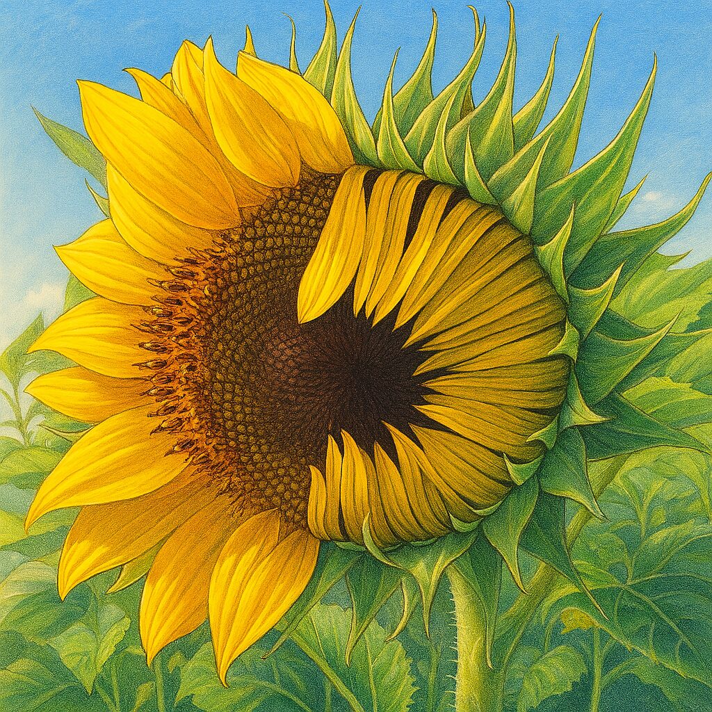 半開きのヒマワリのつぼみを描いたリアルな植物イラスト