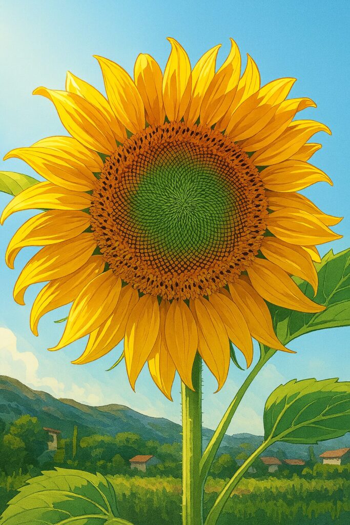 青空に向かって咲く向日葵のイラスト・夏の花風景