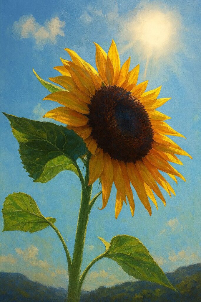 逆光で輝くヒマワリを描いた夏の空の背景付きイラスト