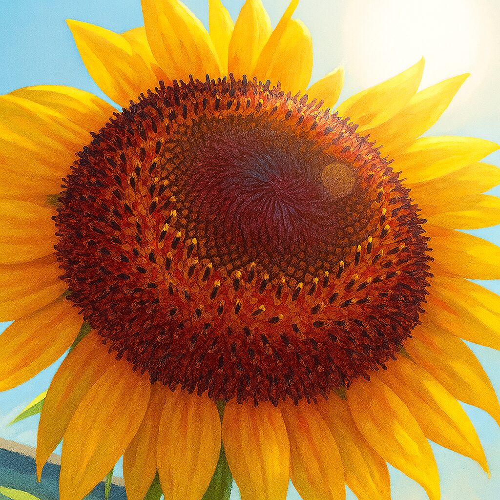 中心が赤くグラデーションされたヒマワリの精密イラスト