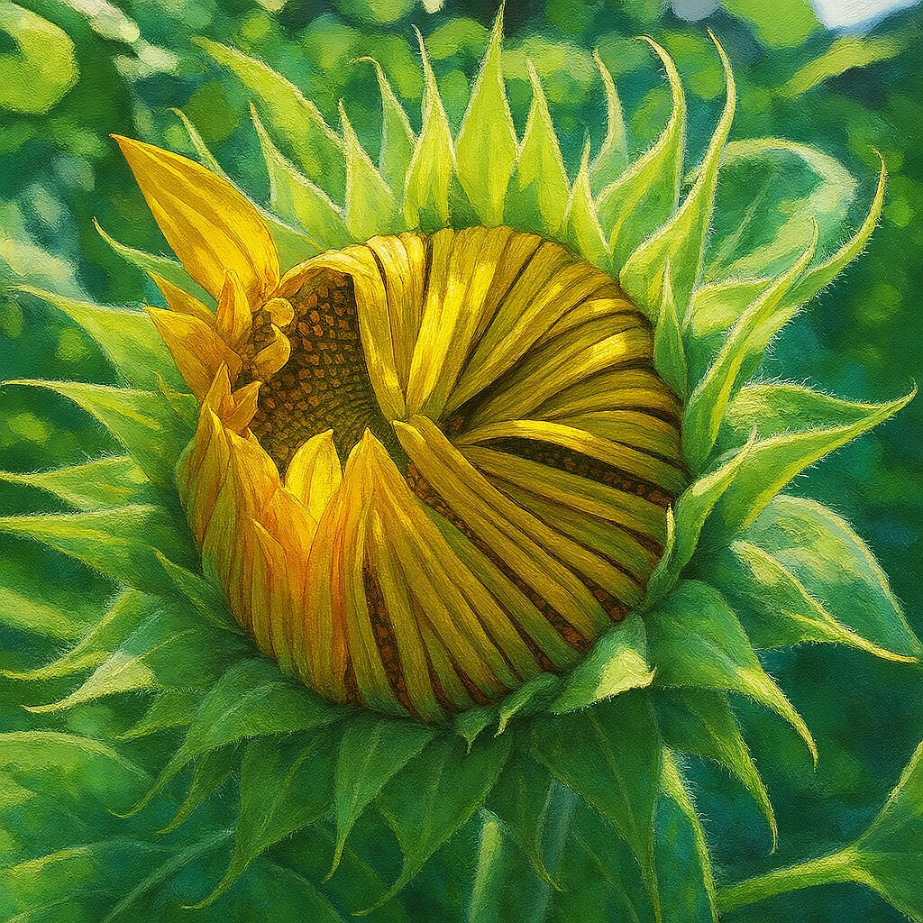 咲きかけのヒマワリを詳細に描いた成長過程のイラスト