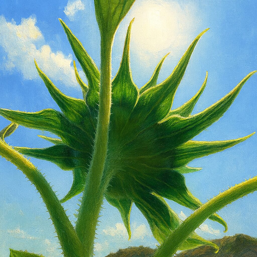 ヒマワリの裏側と日差しを再現した逆光シルエット風イラスト
