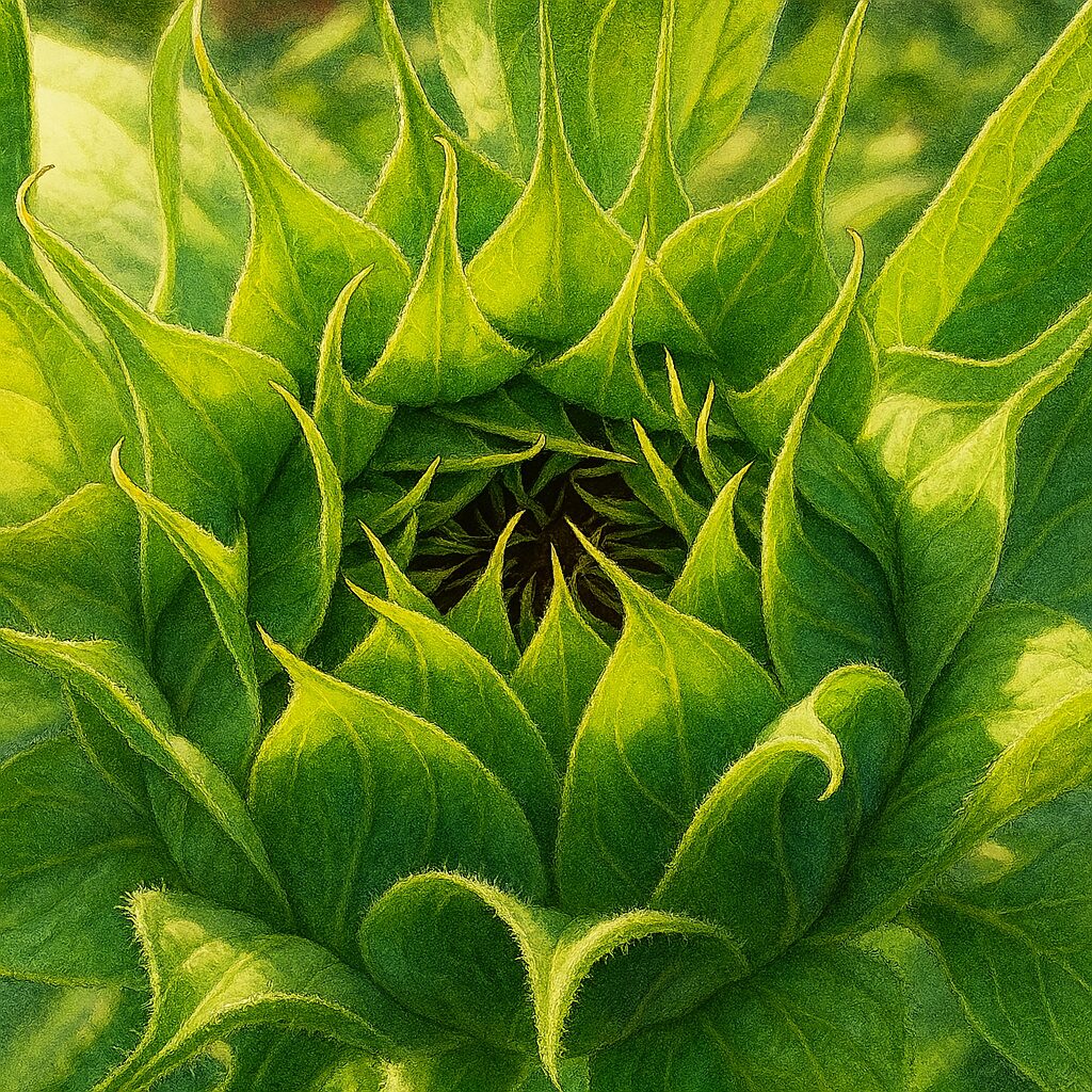 緑のガクに包まれたヒマワリの蕾を丁寧に描いたイラスト