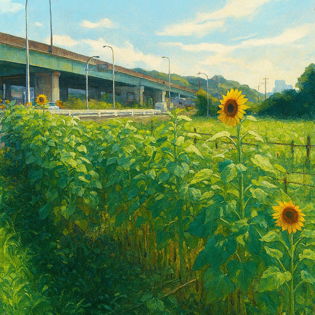 都市近くの畑に咲くヒマワリの群れを描いた自然風景のイラスト