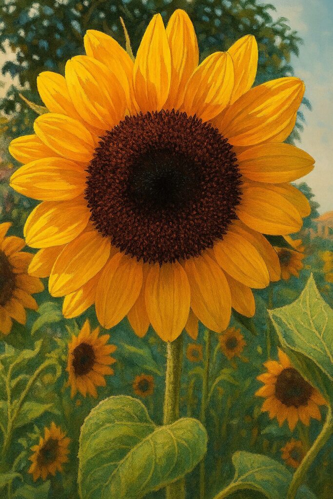 鮮やかな花びらが広がる夏のヒマワリのアップイラスト