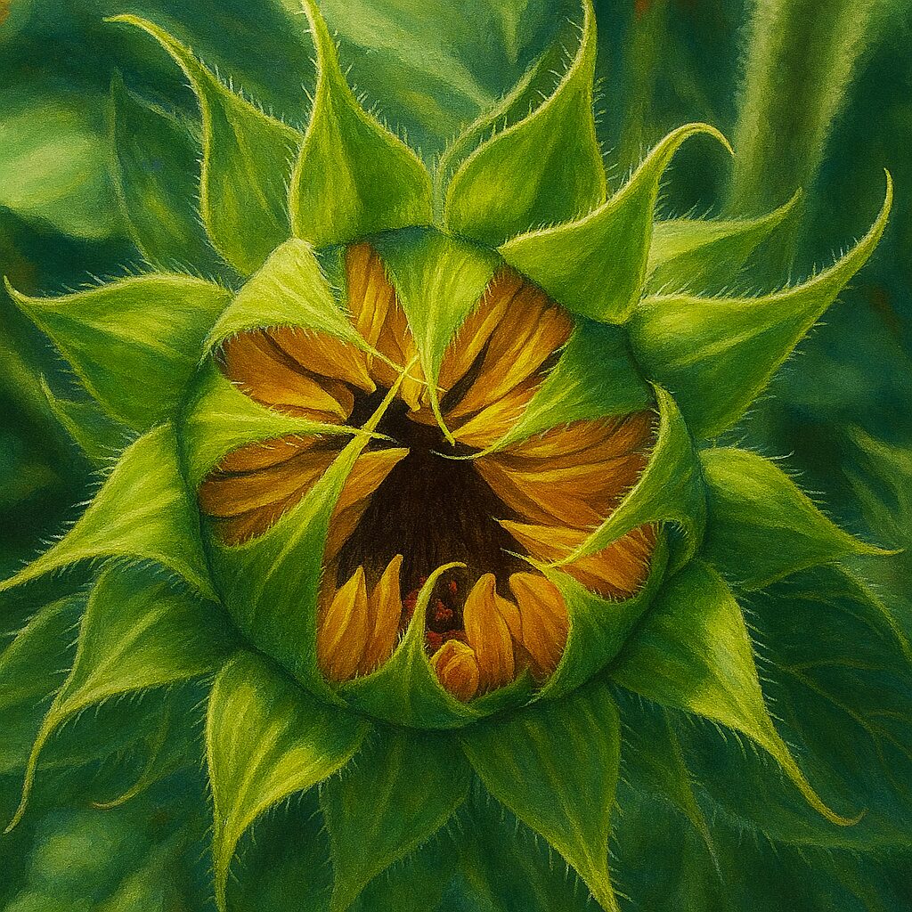 咲き始めたヒマワリのつぼみを正面から描いたリアルな植物画