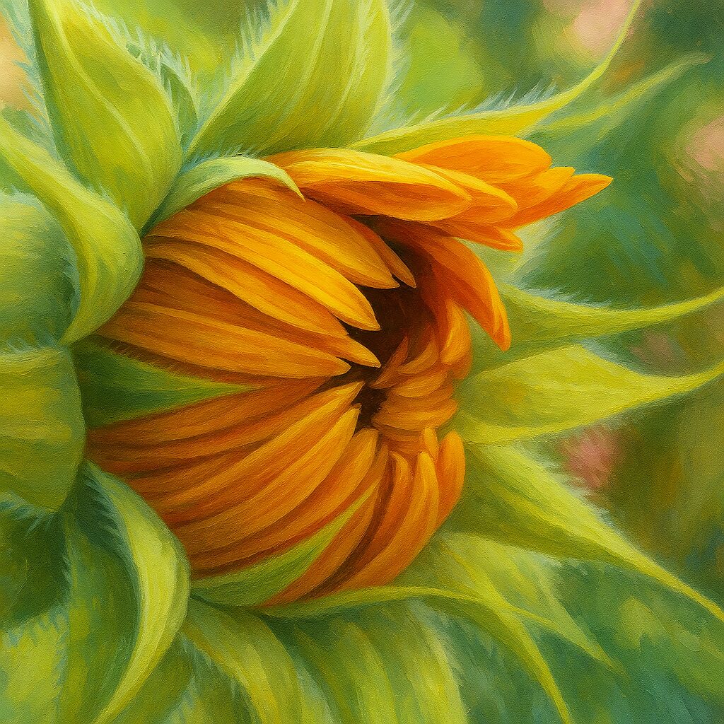 花びらが開きかけたヒマワリのつぼみの繊細なイラスト描写