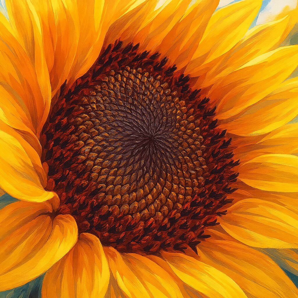 ヒマワリの中心部の模様を強調した幾何学的構図のイラスト作品