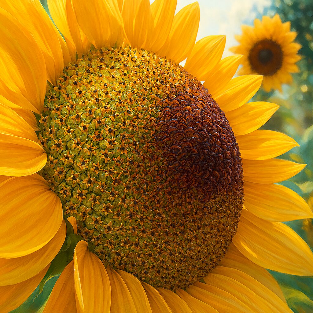 咲き始めのヒマワリと背景の自然を再現した写実的イラスト
